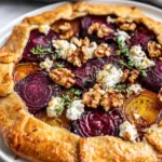 Rustic Mediterranean beet, feta, and walnut galette on parchment
