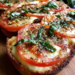 Toasted garlic bread topped with fresh tomato and basil