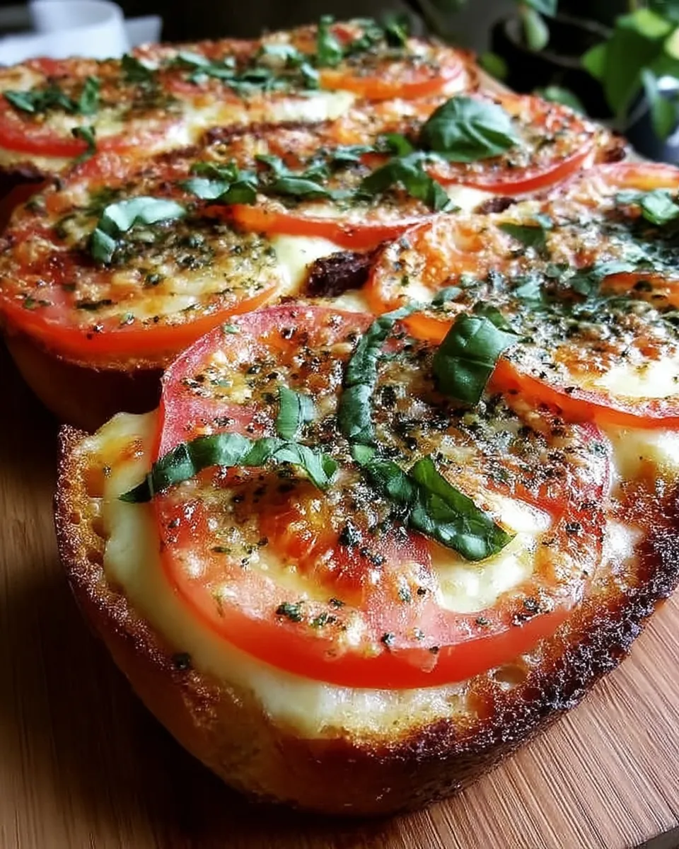 Toasted garlic bread topped with fresh tomato and basil