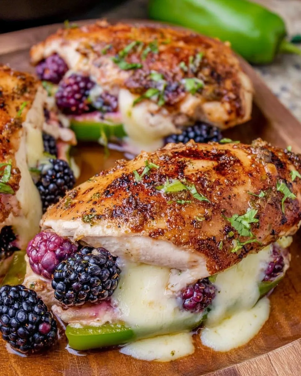Melty blackberry jalapeño stuffed chicken sliced open