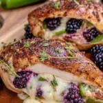 Melty blackberry jalapeño stuffed chicken sliced on a plate