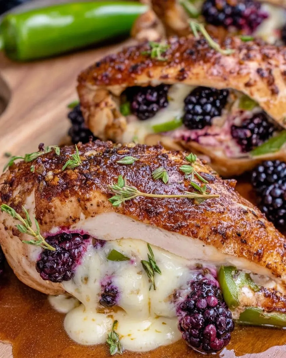Melty blackberry jalapeño stuffed chicken sliced on a plate