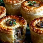 Mini pot pies filled with mushrooms, thyme, and Gruyère cheese in golden puff pastry