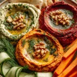 Tricolore Dip Platter with Muhammara, Hummus, and Tzatziki