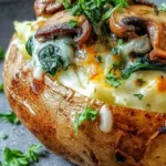 Stuffed baked potatoes with mushroom, spinach, and melted cheese