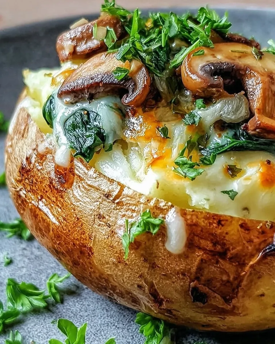 Stuffed baked potatoes with mushroom, spinach, and melted cheese