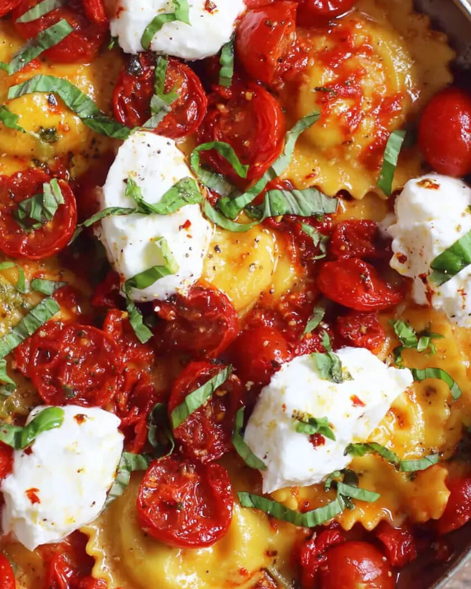 Ricotta ravioli with burst tomato sauce and burrata