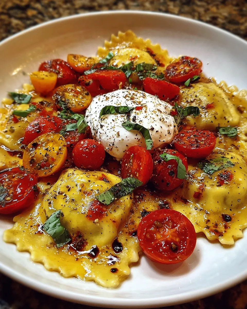 Ricotta and lemon zest ravioli with burst cherry tomatoes and burrata