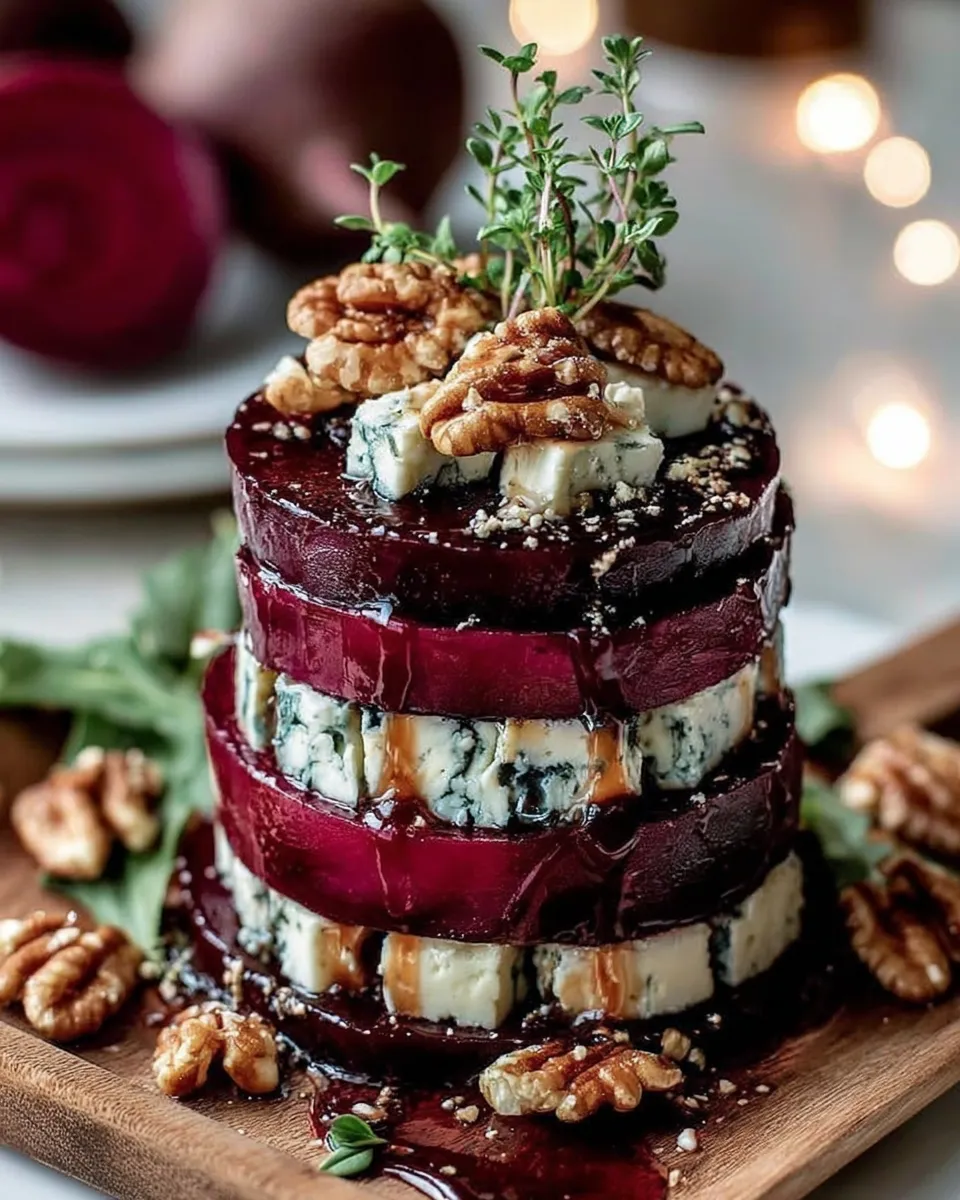 beet appetizer stack with blue cheese and honey drizzle