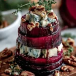 Layered roasted beet slices stacked with creamy blue cheese filling