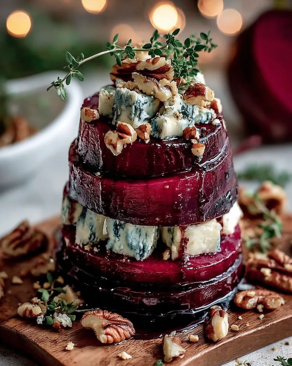 Layered roasted beet slices stacked with creamy blue cheese filling