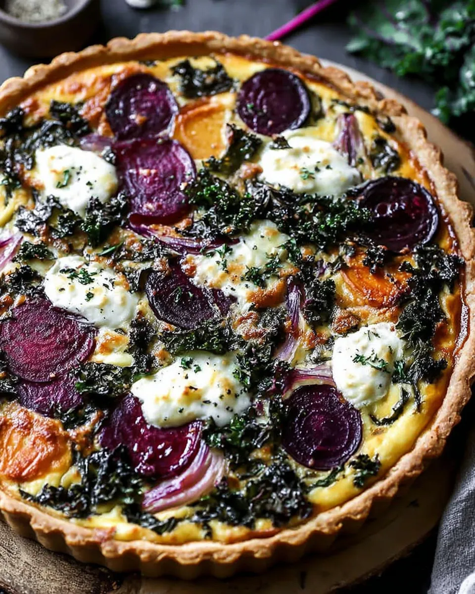 Roasted beet and kale quiche in a cast iron skillet
