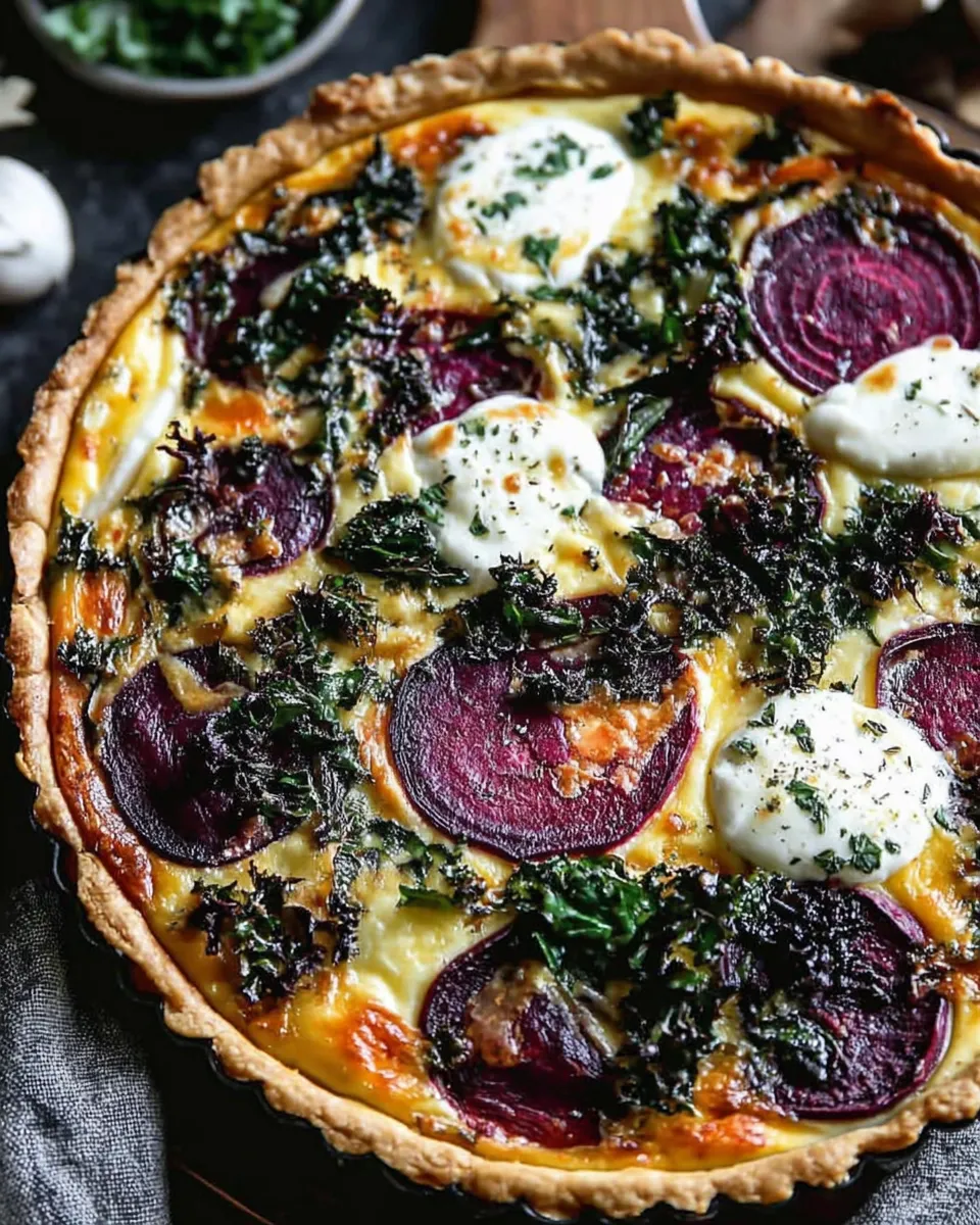 Roasted beet and kale quiche in a cast iron skillet