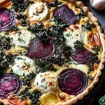 Roasted beet and kale quiche in cast iron.