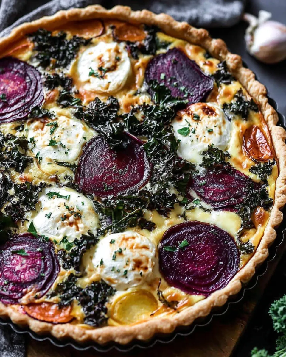 Roasted beet and kale quiche in cast iron.