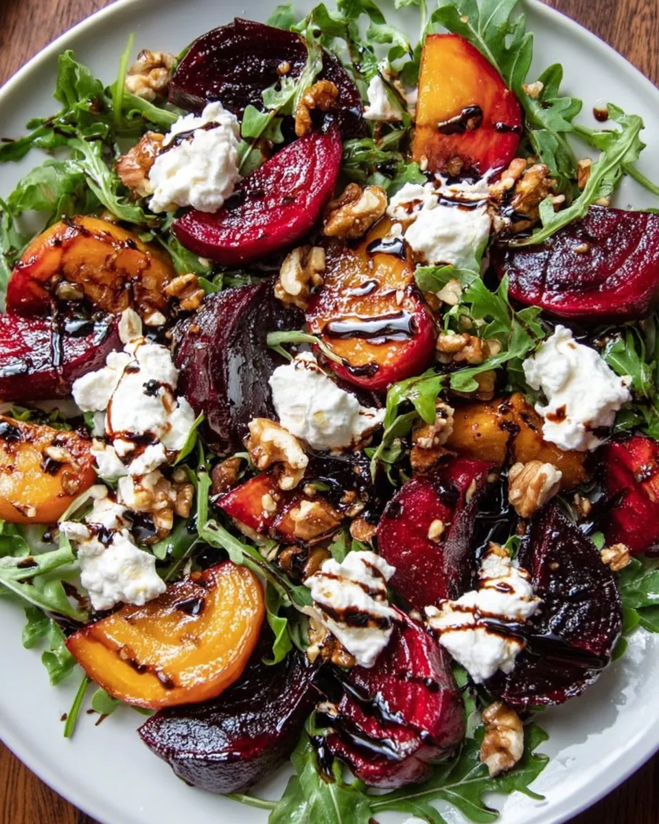 Roasted beet and peach goat cheese salad with arugula on a plate