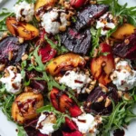 Roasted beet and peach goat cheese salad with arugula on a plate