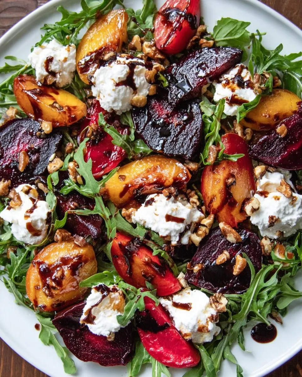 Roasted beet and peach goat cheese salad with arugula on a plate
