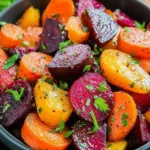 Roasted beets and carrots drizzled with maple vinaigrette