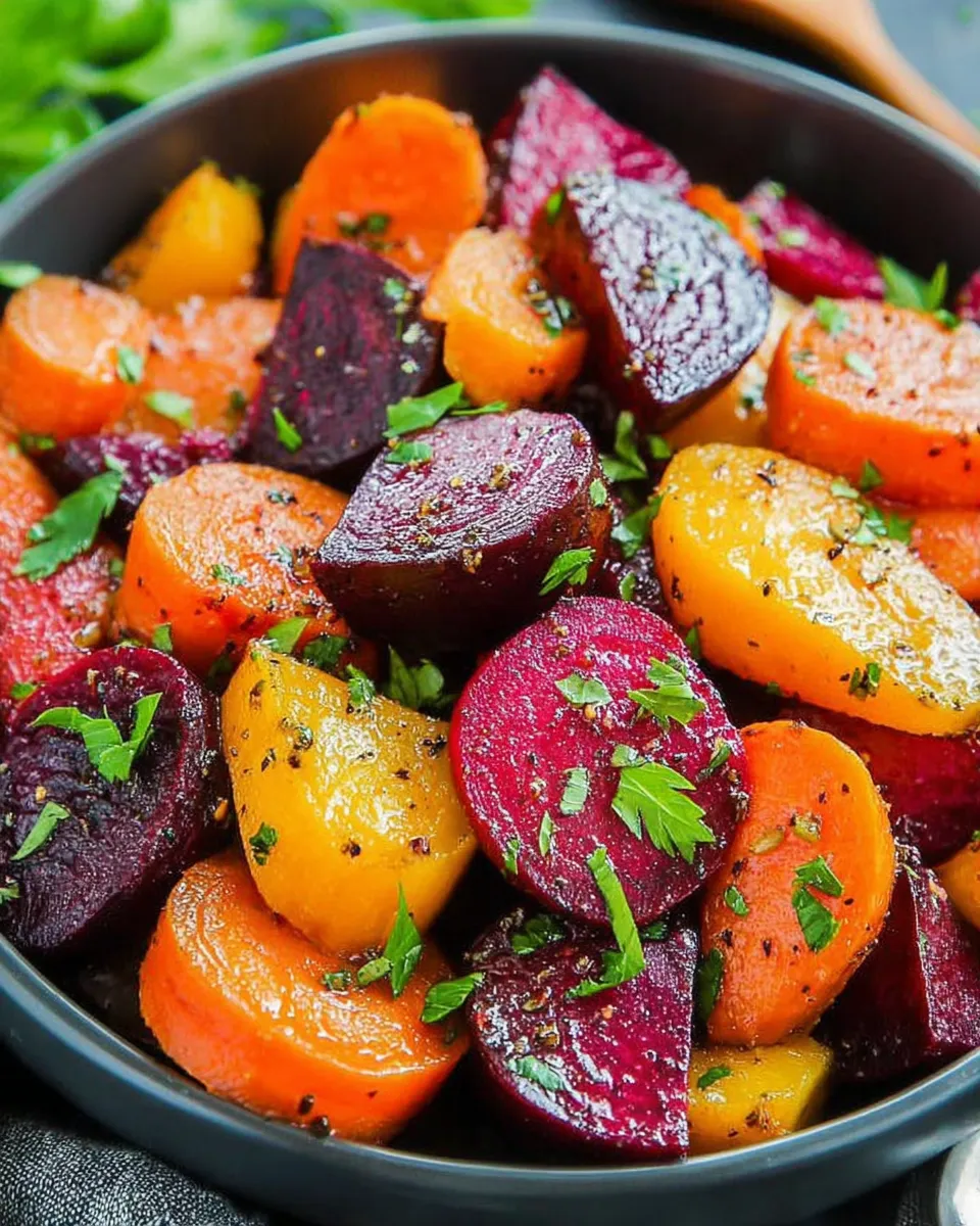 Roasted beets and carrots drizzled with maple vinaigrette