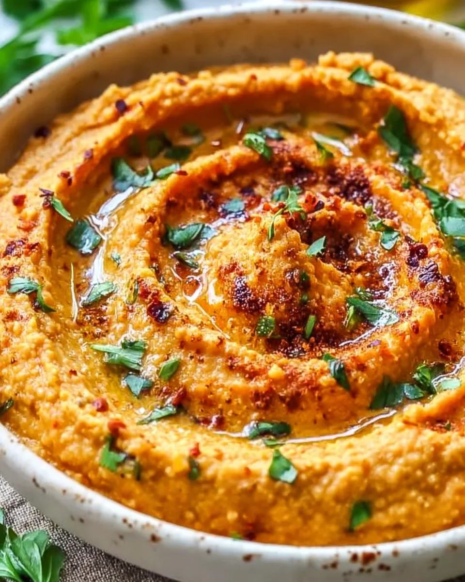 oasted carrot hummus with parsley and pistachios