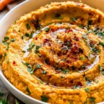 Bowl of creamy roasted carrot hummus topped with olive oil and fresh herbs