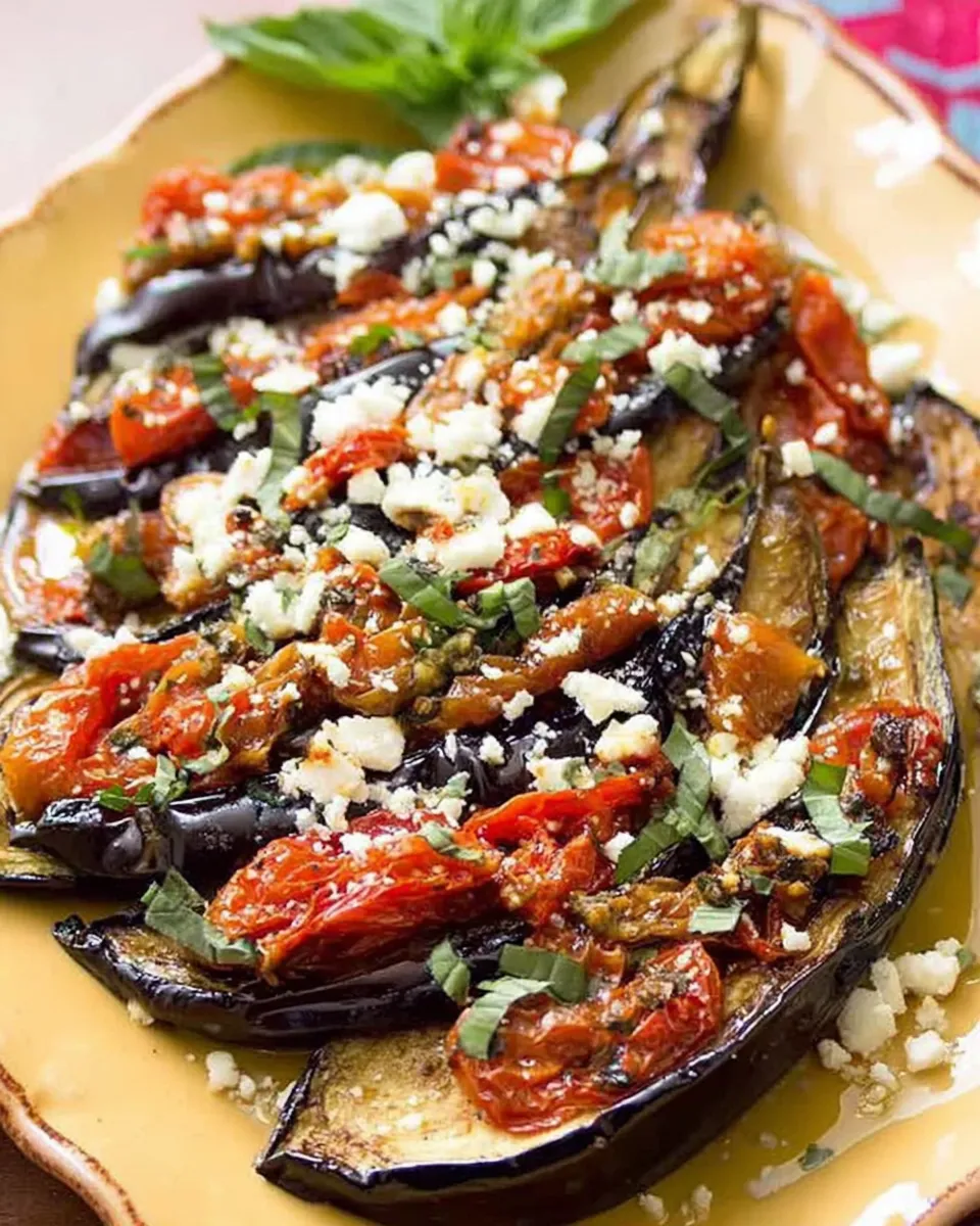 Served roasted eggplant fan with Mediterranean sides
