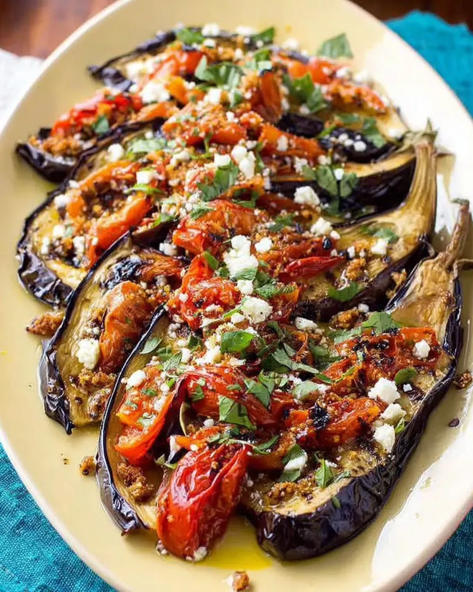 Roasted Eggplant Fan with tomatoes, feta, and basil on ceramic plate