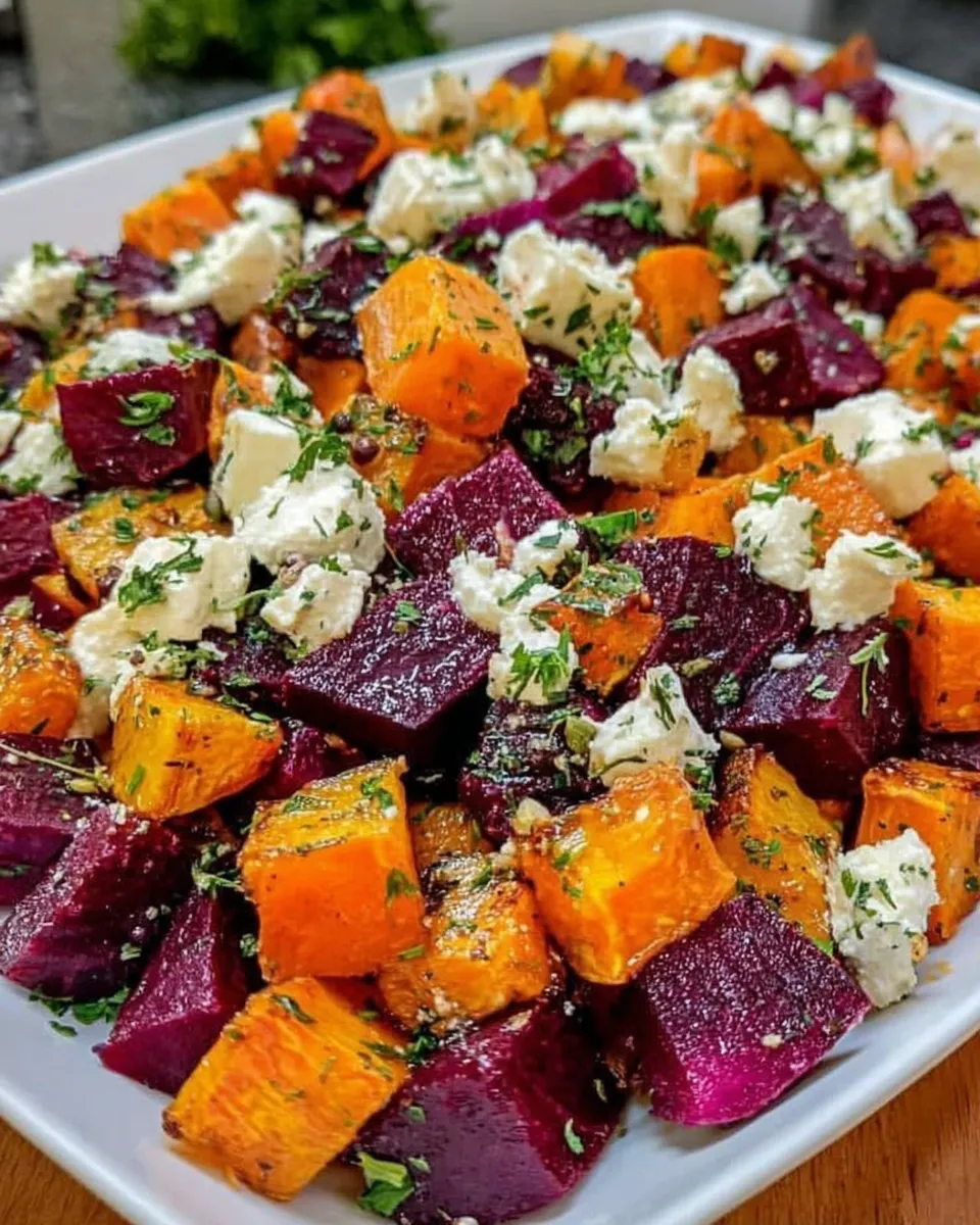 Roasted pumpkin beet salad with feta served at table