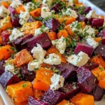 Roasted pumpkin and beetroot salad topped with feta and parsley