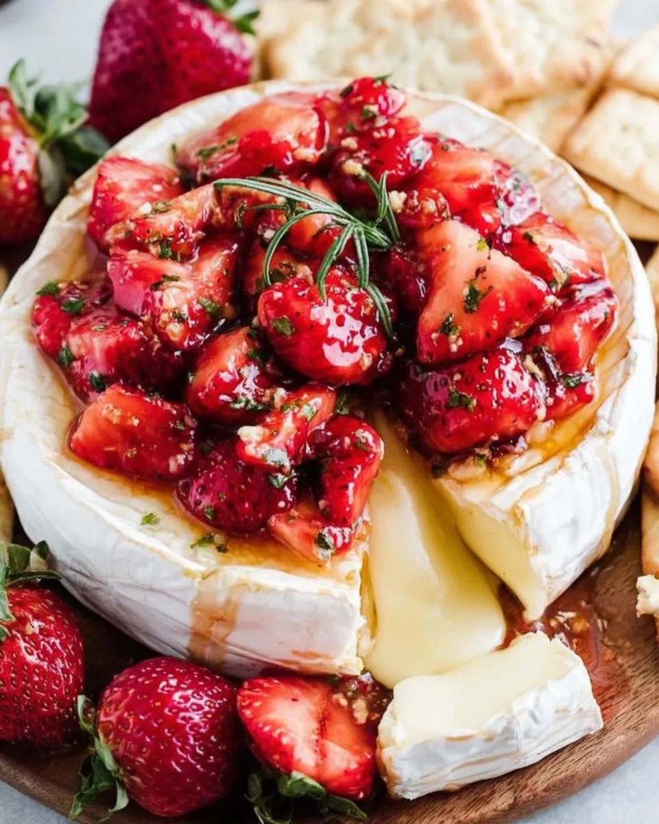 Warm baked brie topped with roasted strawberries on a serving board