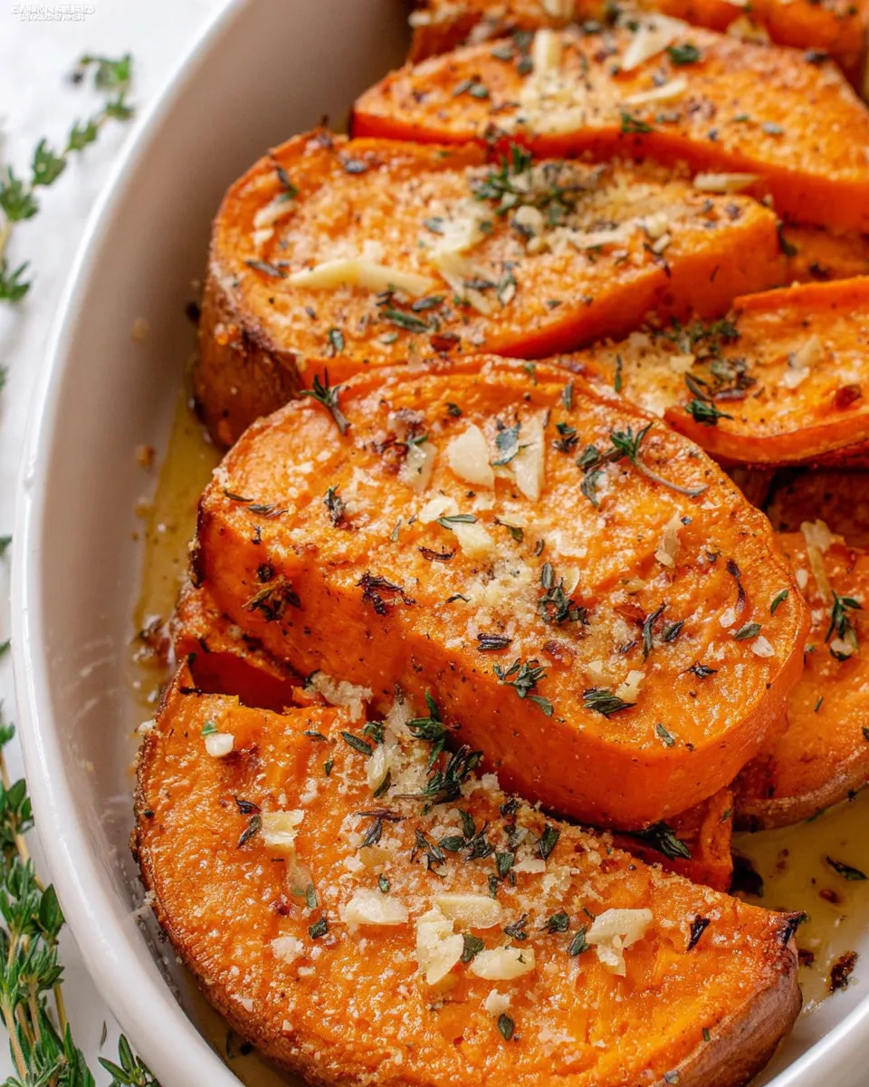 Roasted Sweet Potatoes with Garlic and Parmesan
