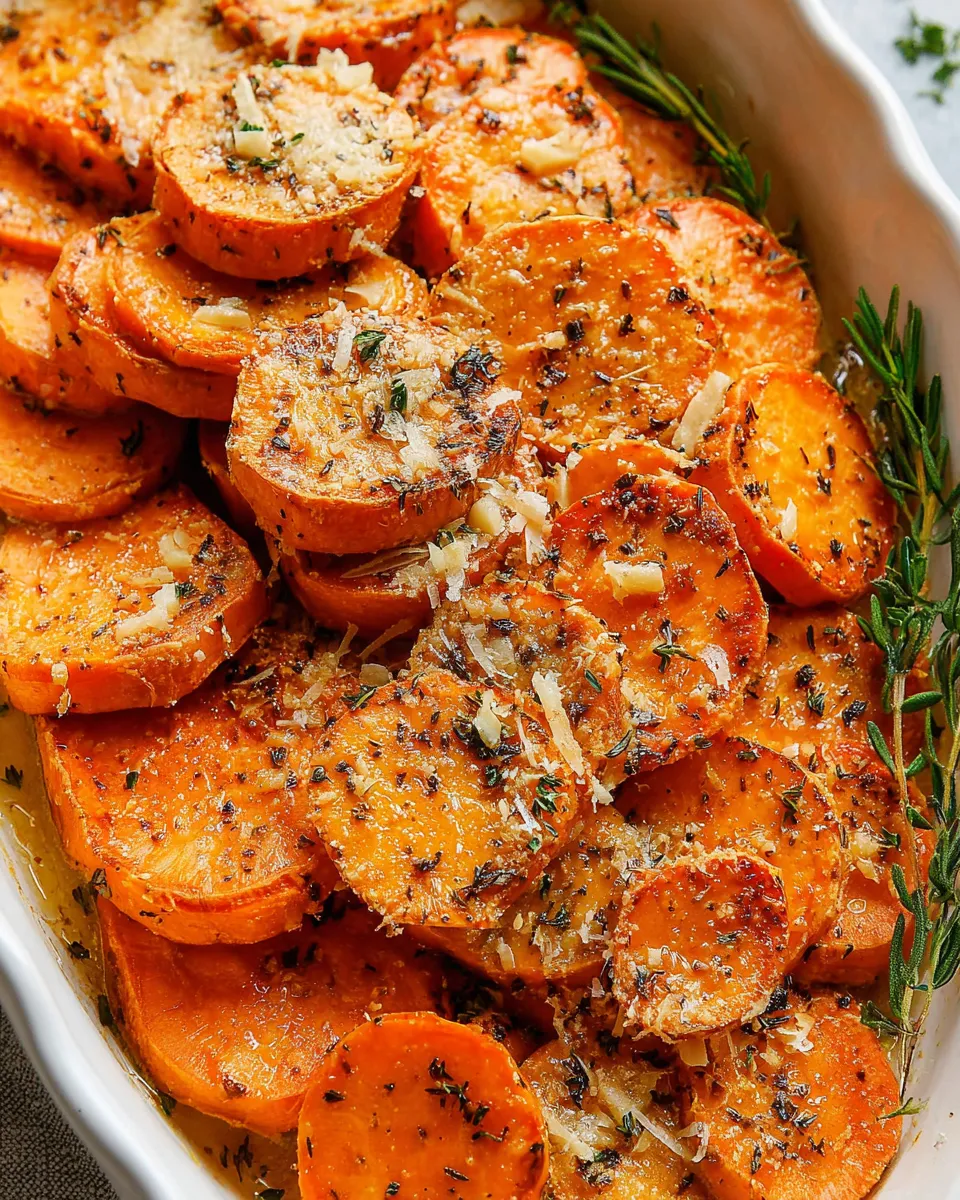 Roasted sweet potatoes served with thyme and parmesan