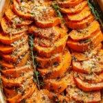 Golden roasted sweet potatoes topped with garlic and melted Parmesan