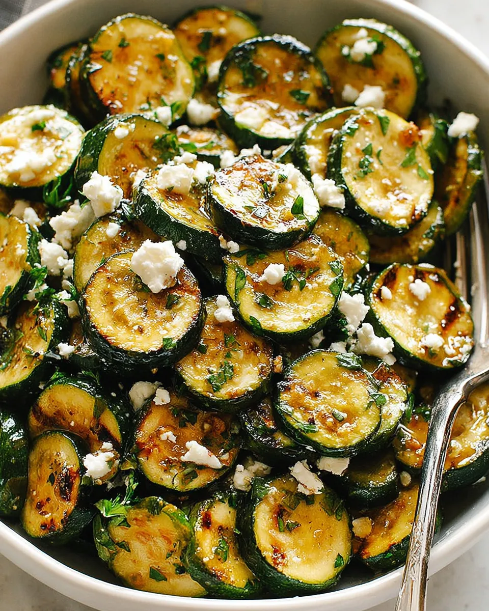 Roasted zucchini salad with feta and fresh herbs on a white plate