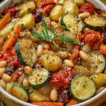 Roasted vegetable casserole with cannellini beans in a rustic dish