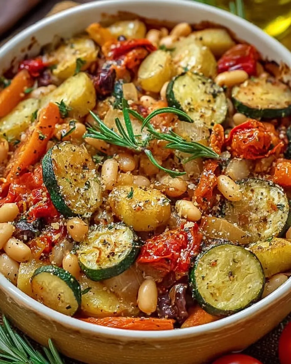 Roasted vegetable casserole with cannellini beans in a rustic dish