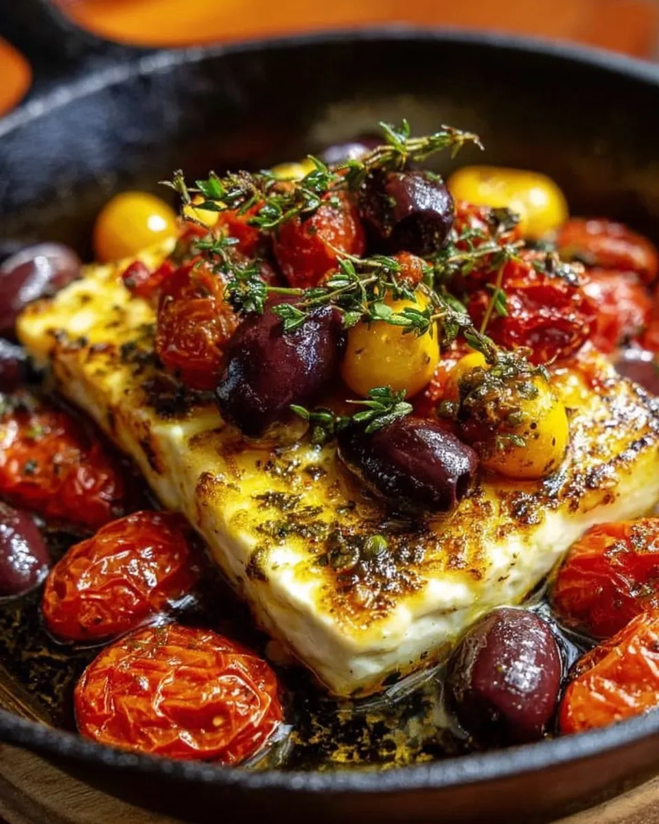 Skillet-baked feta with blistered cherry tomatoes, olives, and lemon salsa