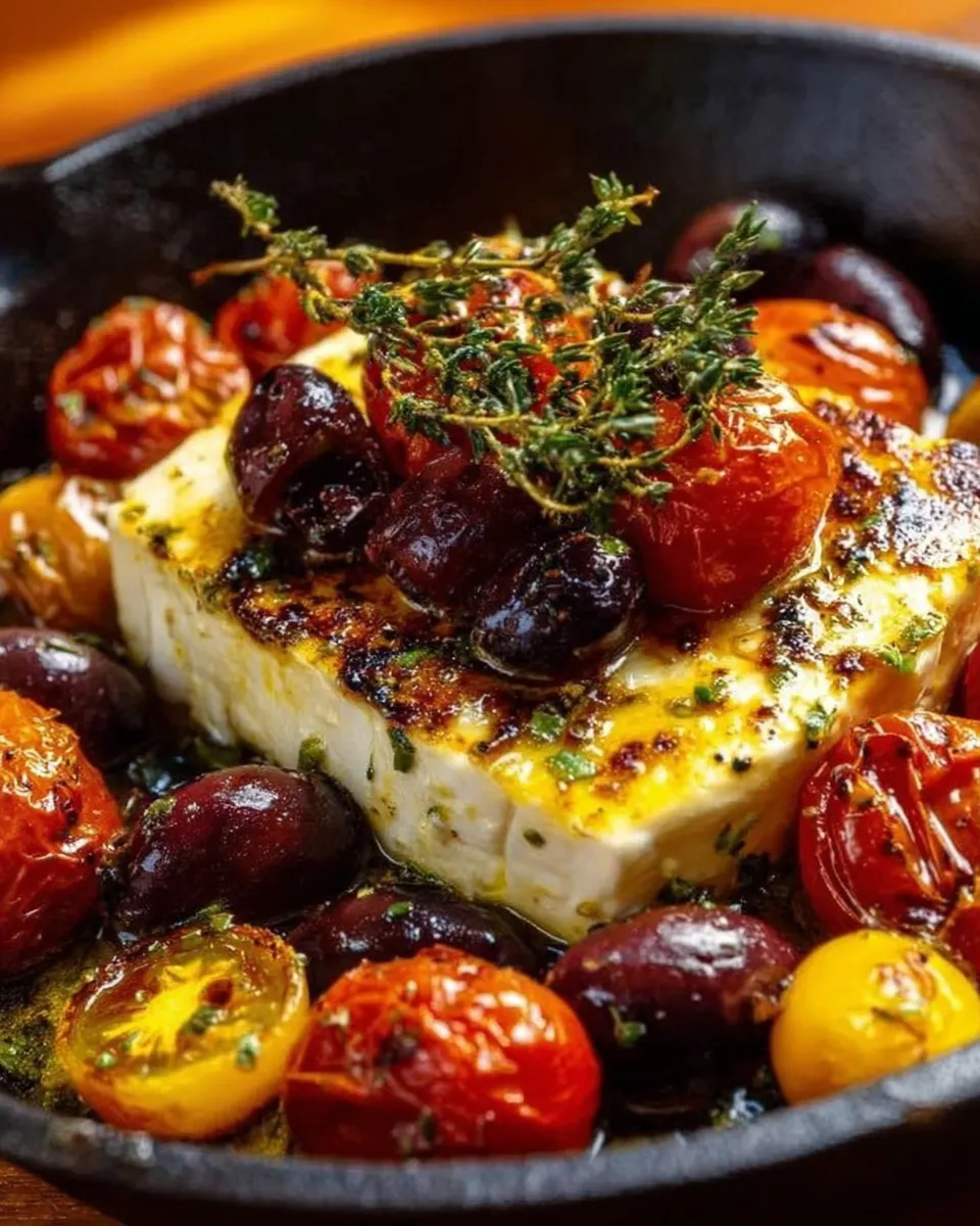 Skillet-baked feta with blistered cherry tomatoes, olives, and lemon salsa