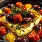 Skillet-baked feta with blistered cherry tomatoes, olives, and lemon salsa