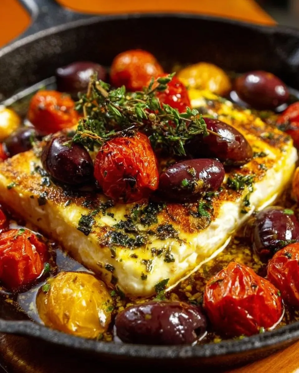 Skillet-baked feta with blistered cherry tomatoes, olives, and lemon salsa