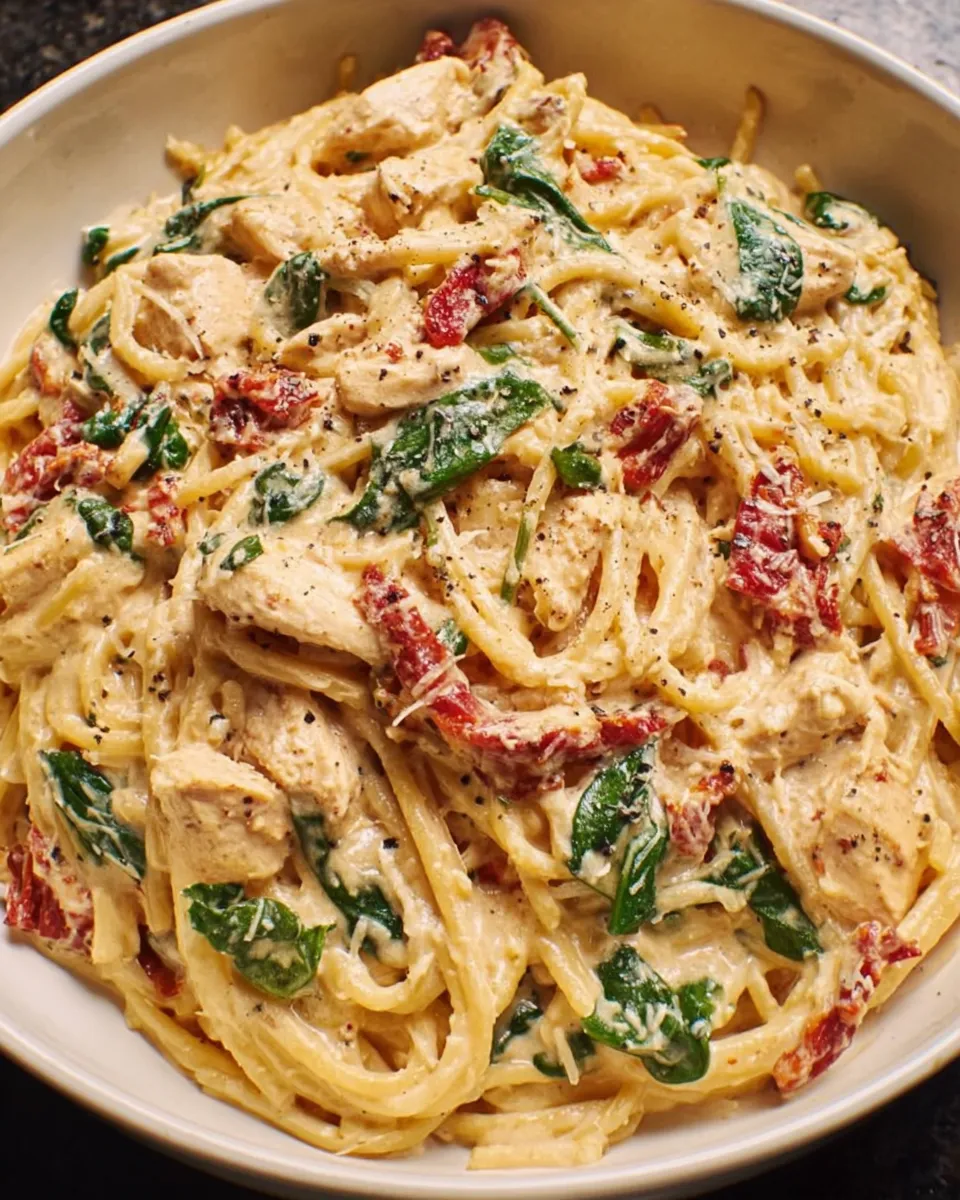 Spaghetti and spinach with creamy sun-dried tomato chicken sauce