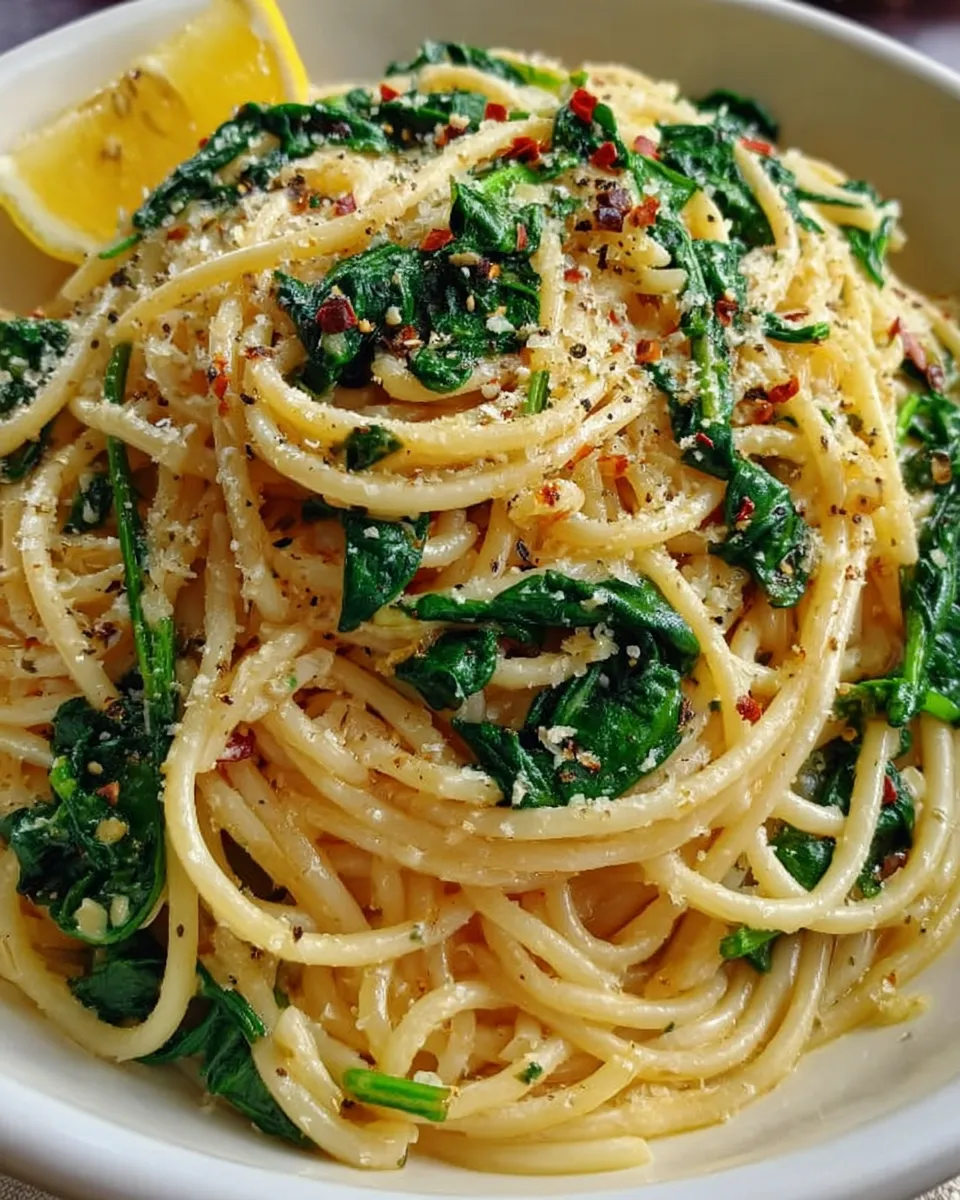 rustic spaghetti with garlic and spinach steaming
