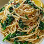 Plate of spaghetti tossed with sautéed garlic and spinach