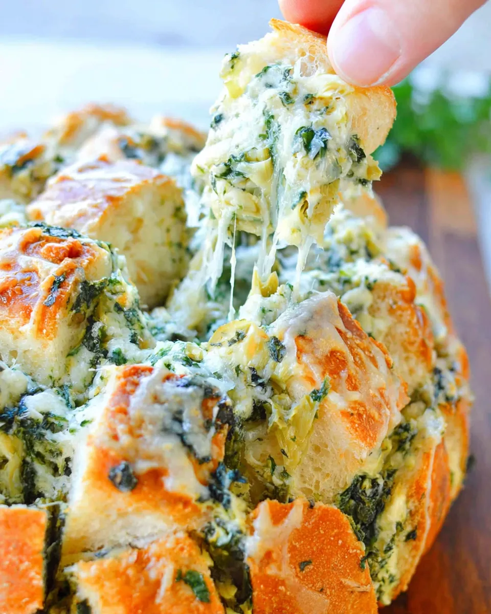 Spinach Artichoke Pull-Apart Bread served on rustic board
