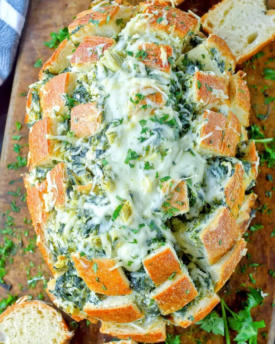 Spinach bread sliced and served on wooden board