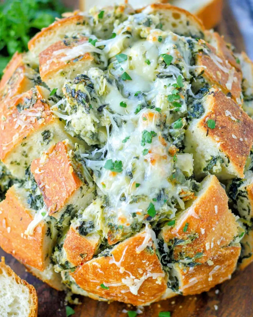 Spinach artichoke pull-apart bread with melted cheese
