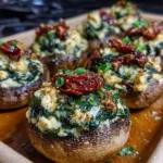 Spinach, feta, and sun-dried tomato stuffed mushrooms on a baking sheet