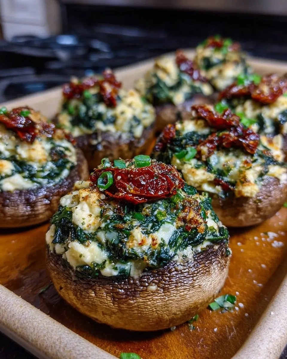 Spinach, feta, and sun-dried tomato stuffed mushrooms on a baking sheet
