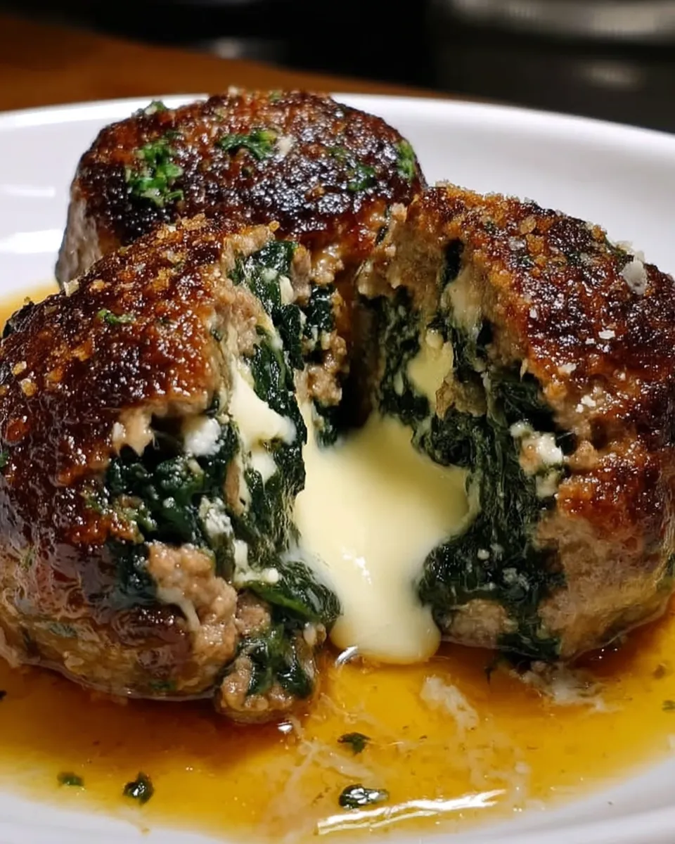 Spinach Garlic Meatballs Stuffed with Mozzarella